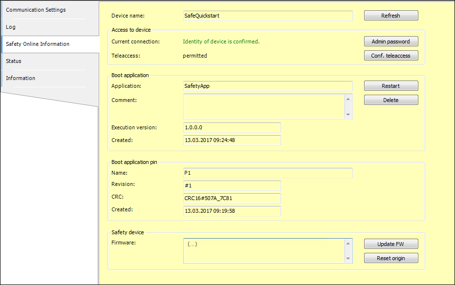 Registerkarte Safety Online Information
