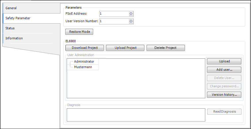 Registerkarte Safety Parameter , Gruppe EtherCAT Safety <Modulname> , unter Benutzerverwaltung