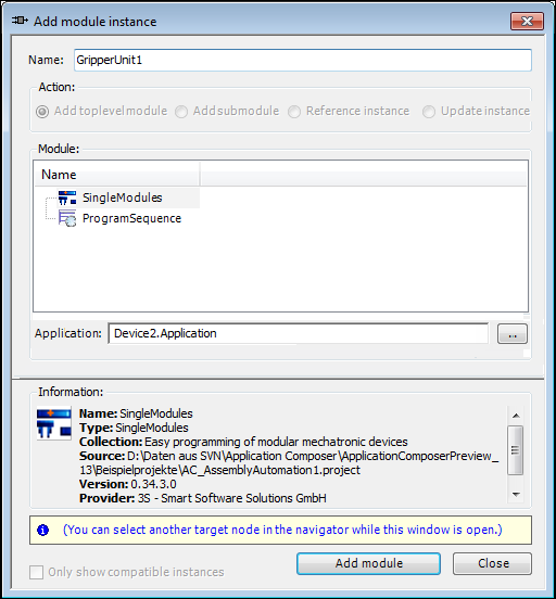 Dialog to add module instances