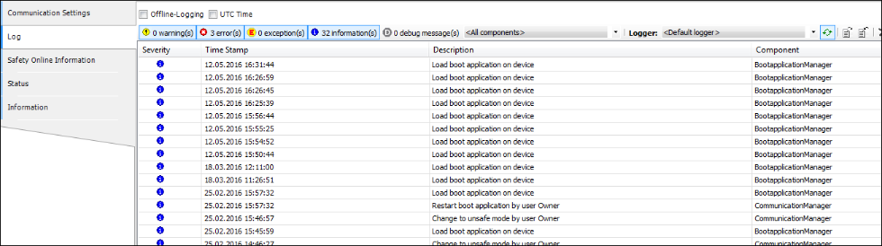 'Log' tab of the safety controller with open application log