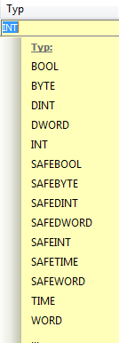 Declaration view: Drop-down list of the type