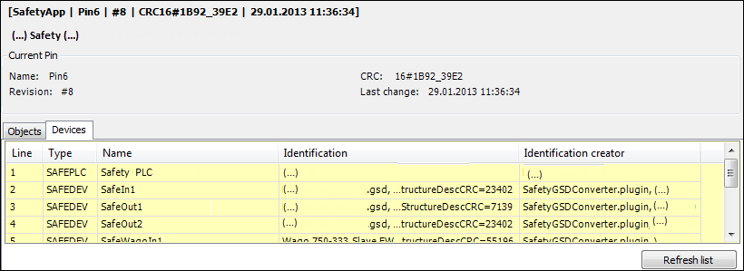 "Devices" tab of the safety application editor
