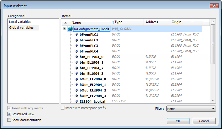 Input Assistant of the variable declaration with the Global variables and IoConfigRemote_Globals GVL