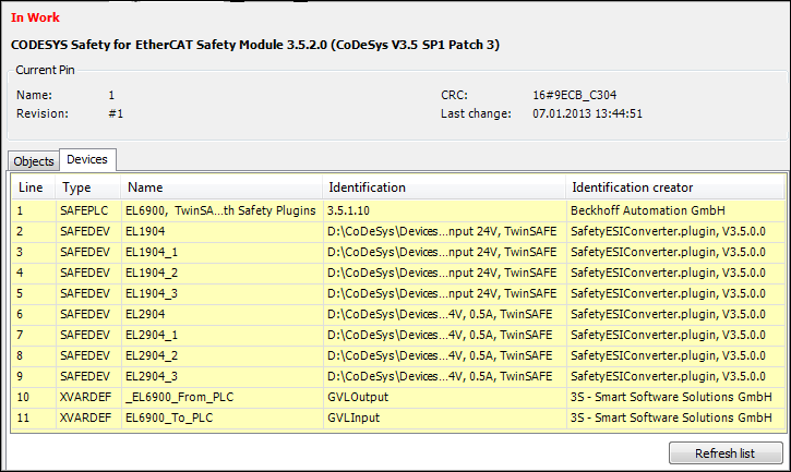 Editor of the safety application object with device list