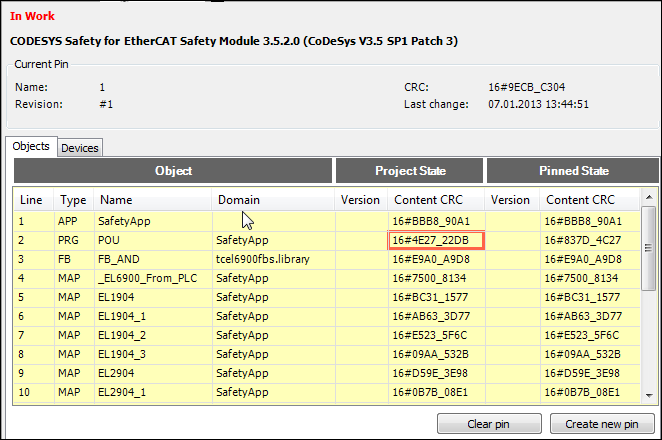 Comparison view of a pinned safety application with changed POU of the current application