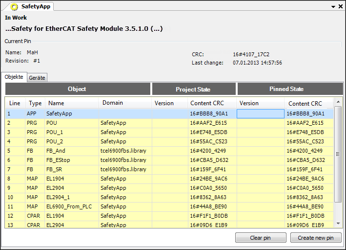 Editor del objeto de aplicación de seguridad con vista comparativa (lista de objetos)