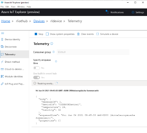 Azure IoT Explorer: monitoraggio dei messaggi D2C